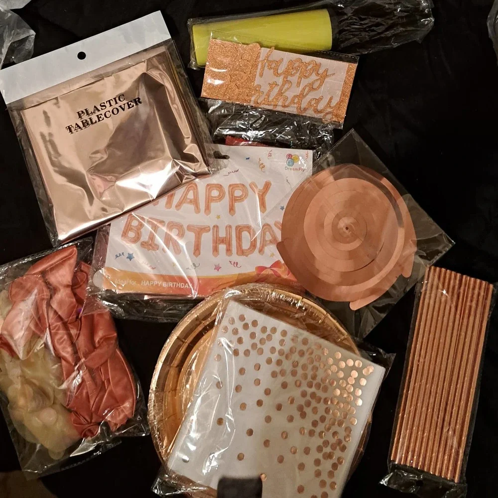 Birthday Decor in Rose Gold-Plates-cups-balloons-balloon pump and more